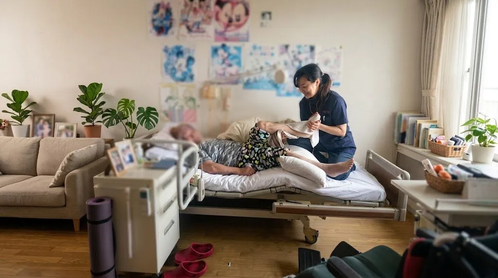 ご自宅で利用者様の脚のリハビリをする女性スタッフ